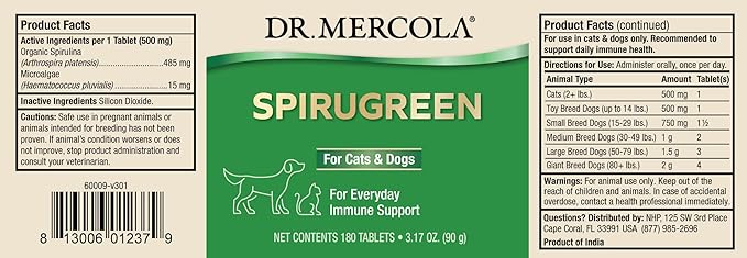 Dr. Mercola, SpiruGreen, for Cats and Dogs (180 Tablets), with Organic Spirulina and Microalgae,Organic Spirulina, non GMO, Soy Free, Gluten Free