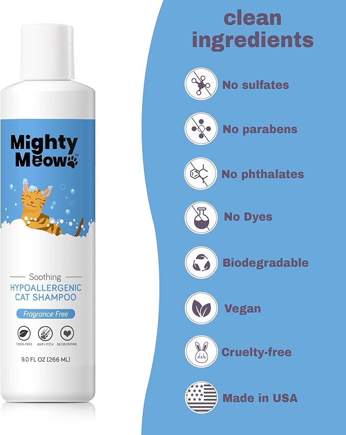 Soothing Hypoallergenic Cat Shampoo – Easy at-home Cat Grooming | Deodorizes | Gentle & Anti-itch | Natural & Allergy-safe Cat Shampoo Sensitive Skin – Fragrance Free | 9 fl oz