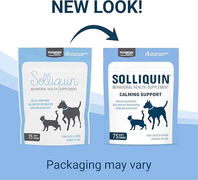 Nutramax Solliquin Calming Behavioral Health Supplement for Small to Medium Dogs and Cats - with L-Theanine, Magnolia/Phellodendron, and Whey Protein Concentrate, 75 Soft Chews