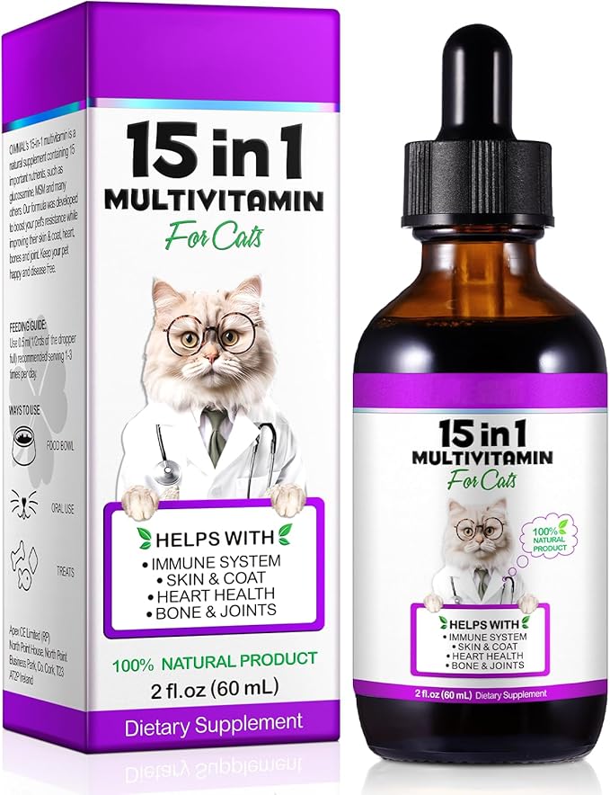 Cat Multivitamin - 15 in 1 Multivitamin Drops for Cats, Cat Supplements Vitamins with Glucosamine & MSM Supports Joint Care, Skin & Coat, Pets Supplies Vitamins for Cats, Bacon Flavor - 2 Fl Oz / 60ml