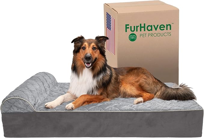 Furhaven Orthopedic Dog Bed for Extra Large Dogs w/ Bonus Water-Resistant Liner & Removable Washable Cover, For Dogs Up to 300 lbs - Goliath Quilted Faux Fur & Velvet Bolster Chaise - Gray, XXL