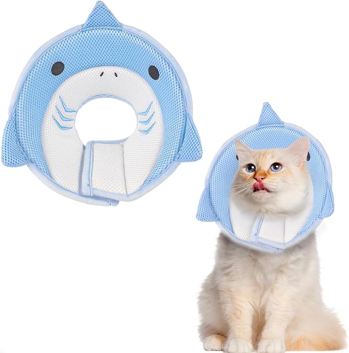 Cat Cone Collar Soft, Adjustable Cat Recovery Collar After Surgery to Prevent Licking Wound, Breathable Cat Neck Cone Comfortable Pet Elizabethan Collar for Cats Kittens Cute Shark Design