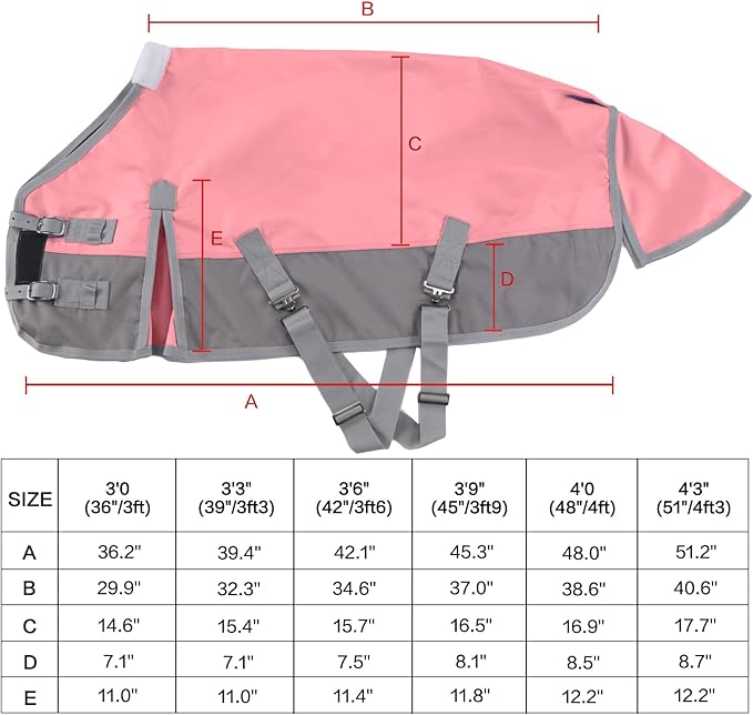 Mini Horse/Pony/Foal/Miniature Size 36"-51" Lightweight Waterproof & Breathable 1200 Denier Turnout Blanket with No Filling Pink 48