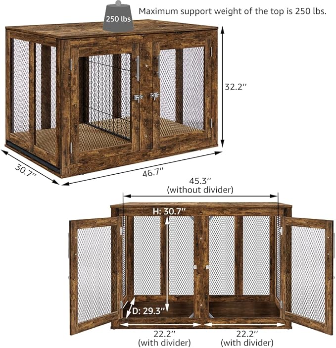 unipaws XL Furniture Dog Crate for Large Dogs with Tray and Divider, Extra Large Indoor Aesthetic Kennel Pet House Dog Cage for 2 Dogs, Wood Pretty Cute Fancy End Side Table Nightstand, Rustic