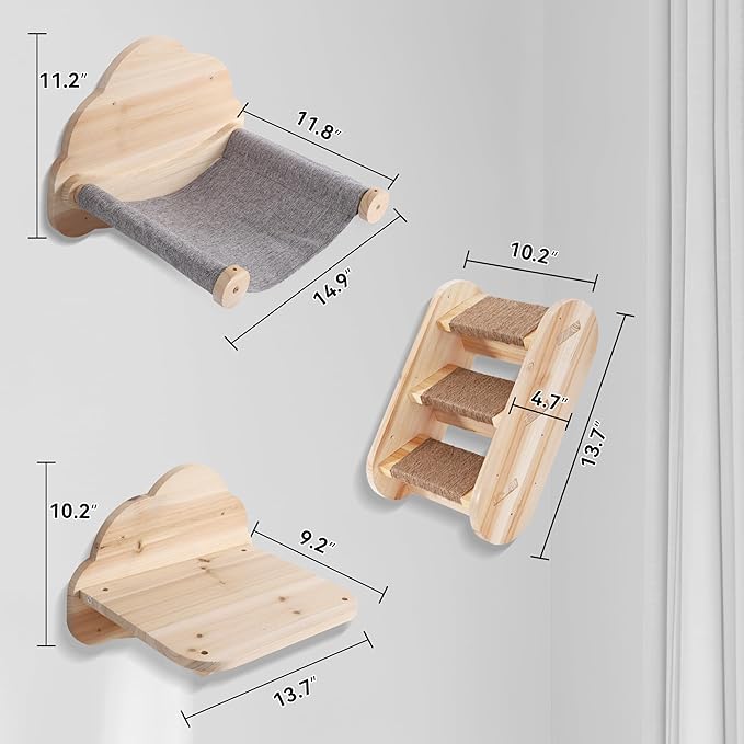 Wall Mounted Cat Furniture 3PCS Set, Solid Wood Cat Shelves and Perches for Wall Cat Hammock Cat Perches Cat Climbing Wall Steps Cat Ladder for Kitty & Kitten