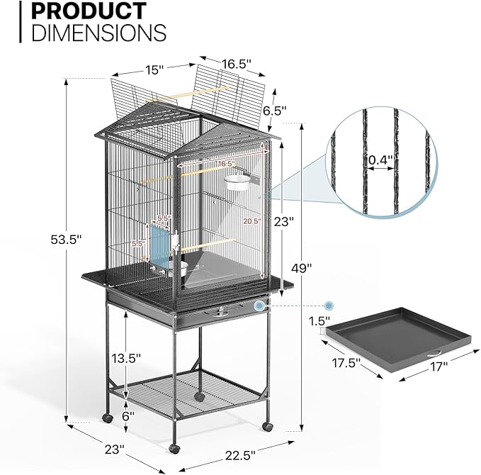 MoNiBloom 54 Inch Bird Cage w/Acrylic Door, Open Top Roof Birdcage for Finches Canaries Lovebirds Medium Small Parrots, Flight Birdcage w/Rolling Stand, Black