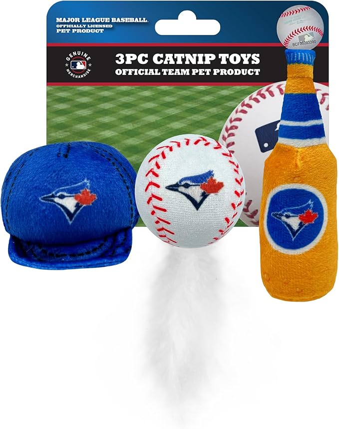 BEST PLUSH CAT TOY - MLB TORONTO BLUE JAYS Complete Set of 3 piece Cat Toys filled with Fresh Catnip. Incld: 1 Baseball Cap Cat Toy, 1 Baseball Cat Toy with Feathers & 1 Beer Bottle. Team LOGOS