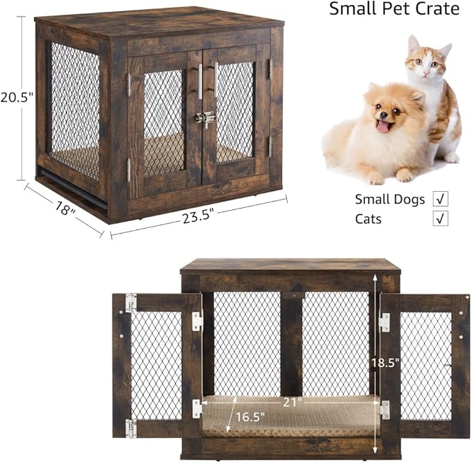 unipaws Small Dog Crate Furniture with Tray for Dogs, Cats, Min Pigs, Rabbit, Indoor Aesthetic Puppy Kennel, Modern Decorative Wood Pet House Dog Cage, Pretty Cute End Side Table Nightstand, Rustic