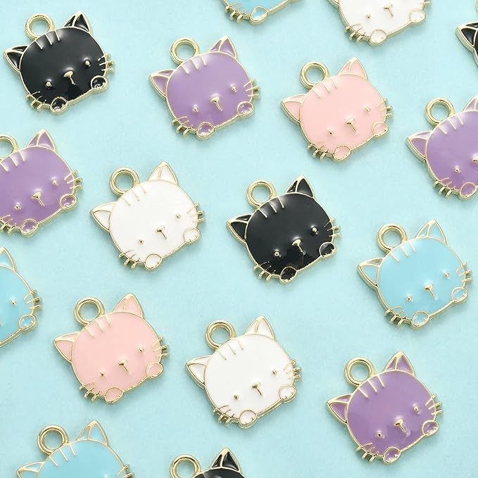 KitBeads 40pcs Mixed Colors Cat Charms Cartoon Animal Cat Head Charms Cute Pets Enamel Kitten Charms for Jewelry Making Bracelets Bulk