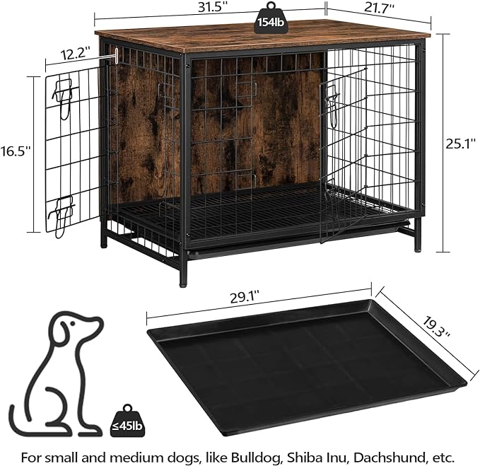 Dog Crate Furniture, Wooden Dog Kennel with Removable Tray, Heavy-Duty Dog Cage for Small/Medium/Large Dogs, Indoor Dog House End Side Table, 31.5" L, Rustic Brown DCHR0201Z