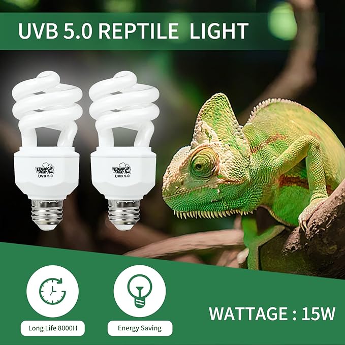 LUCKY HERP 2 Pack UVA UVB Reptile Light, 15W 5.0 UVB Bulb for Tropical and Sub Tropical Reptiles, Compact Fluorescent Terrarium Lamp, Reptile UVB Bulb for Chameleons, Lizard, Turtle