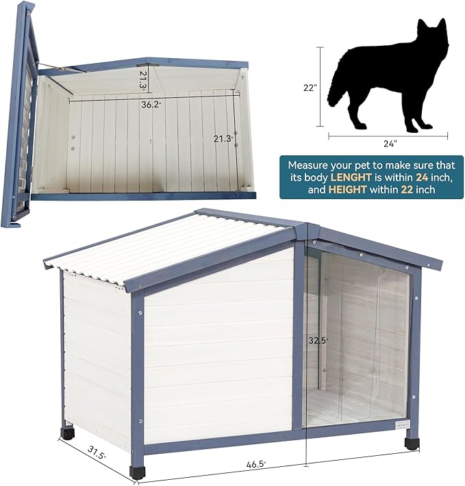 Petsfit Large Dog House, 46.5" L x 31.7" W x 32.5" H PVC Roof Outdoor Dog House for Small Medium Large Dogs, Durable Dog House for Easy Clean and Assemble, White