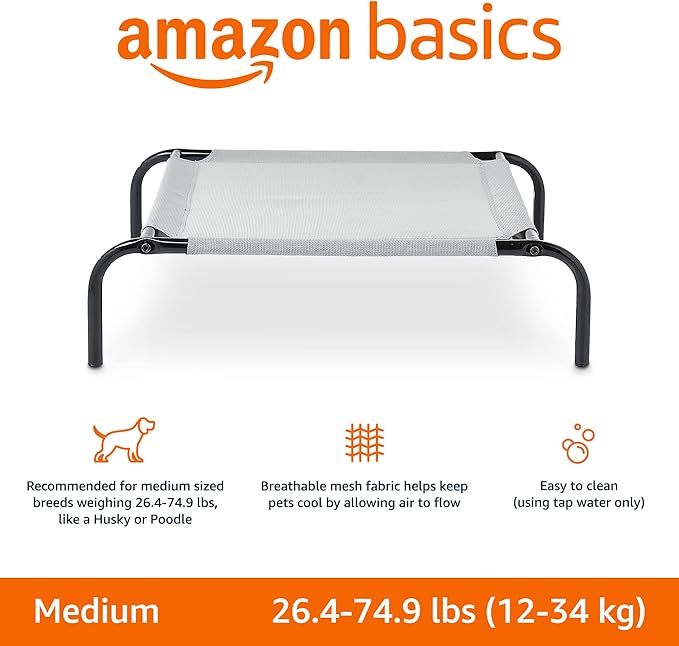 Amazon Basics Cooling Elevated Dog Bed with Metal Frame, Medium, 43 x 26 x 7.5 Inch, Grey