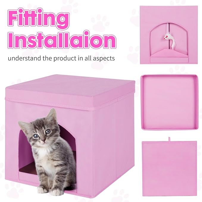 ShellKingdom Collapsible Cat House, Foldable Kitty Cat Cube and Cat Cave with Bed, Cat Stool Condo for Indoor Cats Gifts, 13 x 13 x 13 inches (Pink)