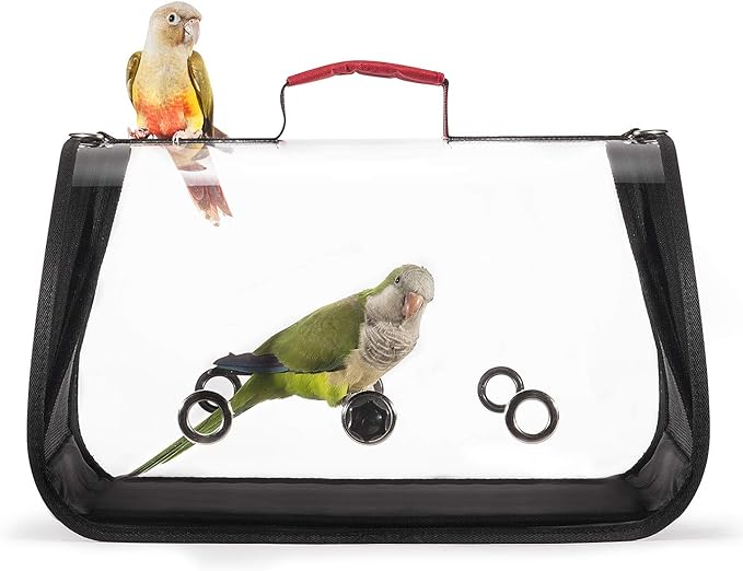 Lightweight Bird Carrier for Travelers, Bird Travel cage with Parrot Feeder Cups & Standing Perch and Tracy (Medium 16 x 9 x 11, Red) Patented Product