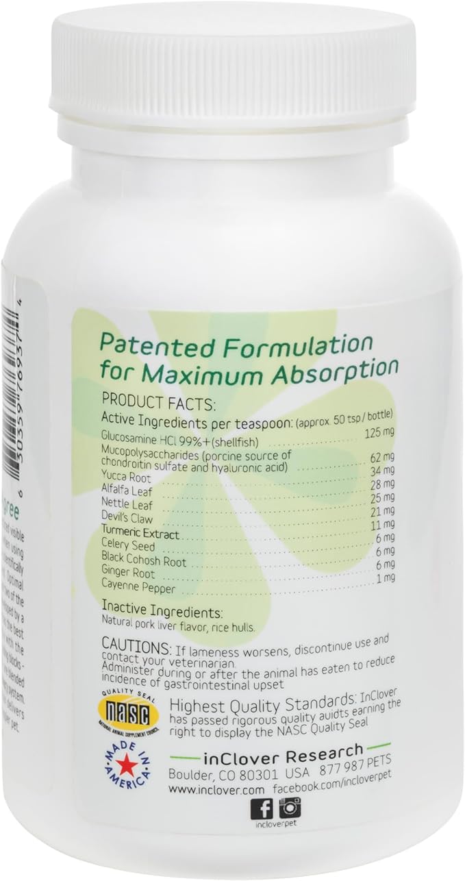 In Clover Connectin Hip and Joint Powder Supplement for Cats. Combines Glucosamine, Chondroitin and Hyaluronic Acid with Herbs for Comfort and Mobility. 3.2 oz.