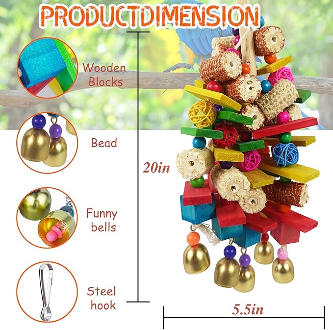 Bird Toys, Parrot Toys for Large Birds, Natural Peppered Wood African Grey Parrots, Macaws, Cockatoos, Amazon Parrot chew Toys, Aviary Hanging Toys