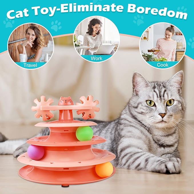 UPSKY Cat Toy Roller 4-Level Turntable Cat Toy Balls with Three Colorful Balls and Bell Ball X Turntable Interactive Kitten Fun Mental Physical Exercise Puzzle Toys.