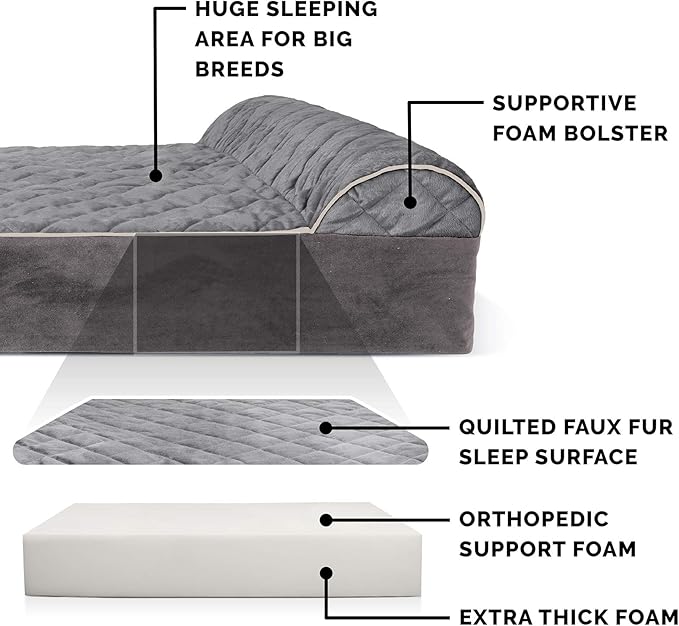 Furhaven Orthopedic Dog Bed for Extra Large Dogs w/ Bonus Water-Resistant Liner & Removable Washable Cover, For Dogs Up to 300 lbs - Goliath Quilted Faux Fur & Velvet Bolster Chaise - Gray, XXL