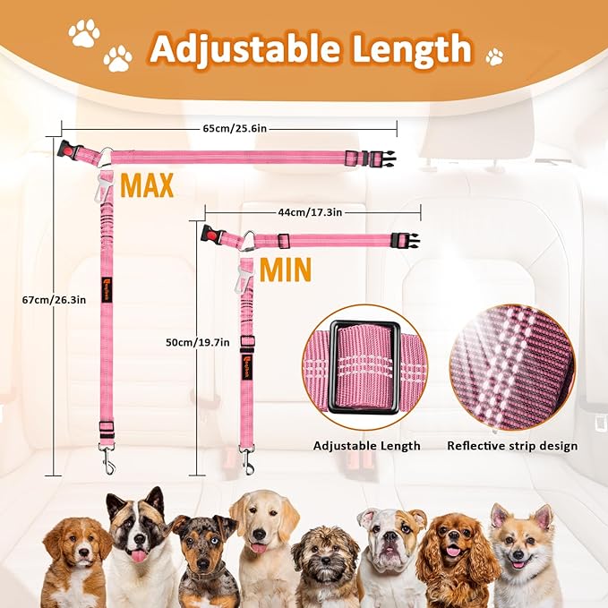 Removable Dog Seat Belts Harness for Car, 3 in 1 Pet Dog Car Seatbelt Leash, laqibak Restraint Secures to Headrest and Reflective Effect Adjustable Bungee Dog Seatbelt Tether, 2PCS and Poop Bag Holder