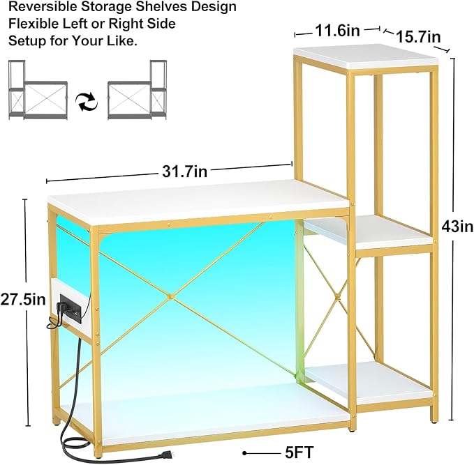 20-29 Gallon Fish Tank Stand with Power Outlet & LED Light, Reversible Wood Aquarium Stand with Shelves for Fish Tank Accessories Storage, Metal Frame, Reptile Terrarium Stand, White and Gold