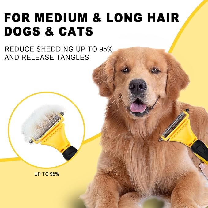 Pet Grooming Brush, Double Sided Undercoat Rake for Dogs & Cats, Professional Deshedding Brush and Dematting Tool, Safe and Effective Removing Knots, Mats, Tangles,and Flying Hair