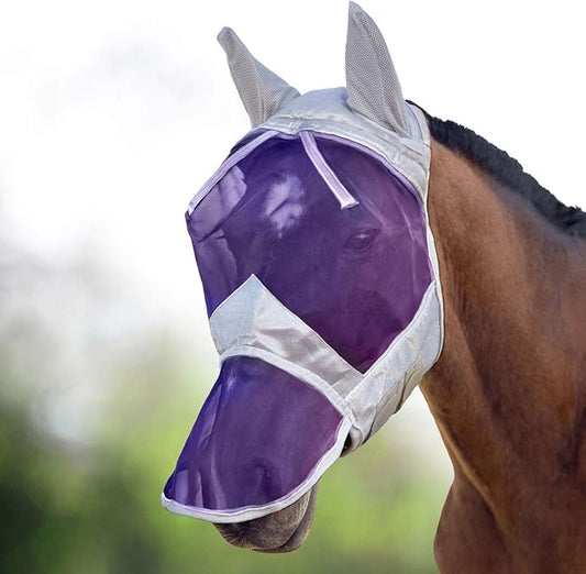 Harrison Howard CareMaster Horse Fly Mask Long Nose with Ears Full Face Silver/Purple Retro XL Extra Full Size