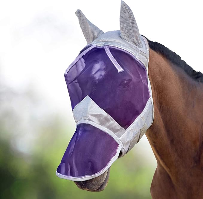 Harrison Howard CareMaster Horse Fly Mask Long Nose with Ears Full Face Silver/Purple Retro Small Pony