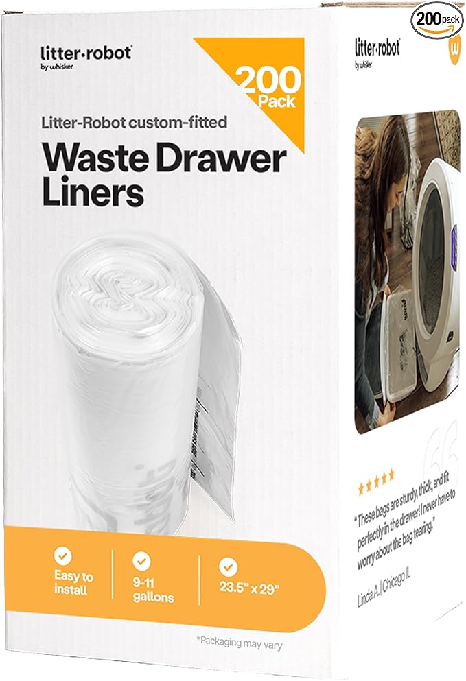 Litter-Robot Waste Drawer Liners by Whisker, 200 Pack - Litter Box Liners, Custom Fit for Litter-Robot, 9-11 Gallons of Capacity, Quick to Install and Easy to Empty