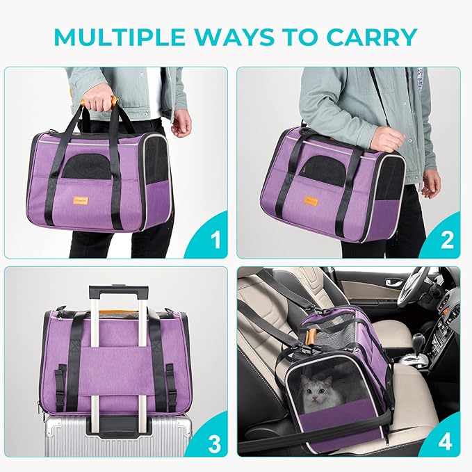 Morpilot Portable Cat Carrier - Soft Sided Cat Carrier for Medium Cats and Puppy up to 15lbs, Pet Carrier with Locking Safety Zippers, Foldable Bowl, Airline Approved Travel Dog Carrier - Purple