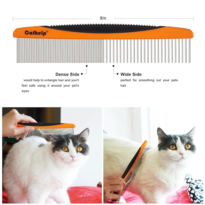 Metal Dog Comb, Cat Comb with Rounded and Smooth Ends Stainless Steel Teeth and NonSlip Grip Handle, Professional Dog Grooming Tools for Removes Tangles and Knots, Greyhound Comb, Pet Comb