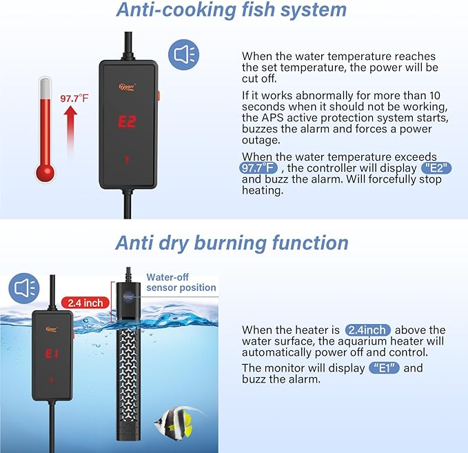 hygger 300w Aquarium Heater, Fish Tank Heater with Intelligent Temperature Control, Over-Temperature Protection and Automatic Power-Off When Leaving Water, for 40-75 Gallon Tanks