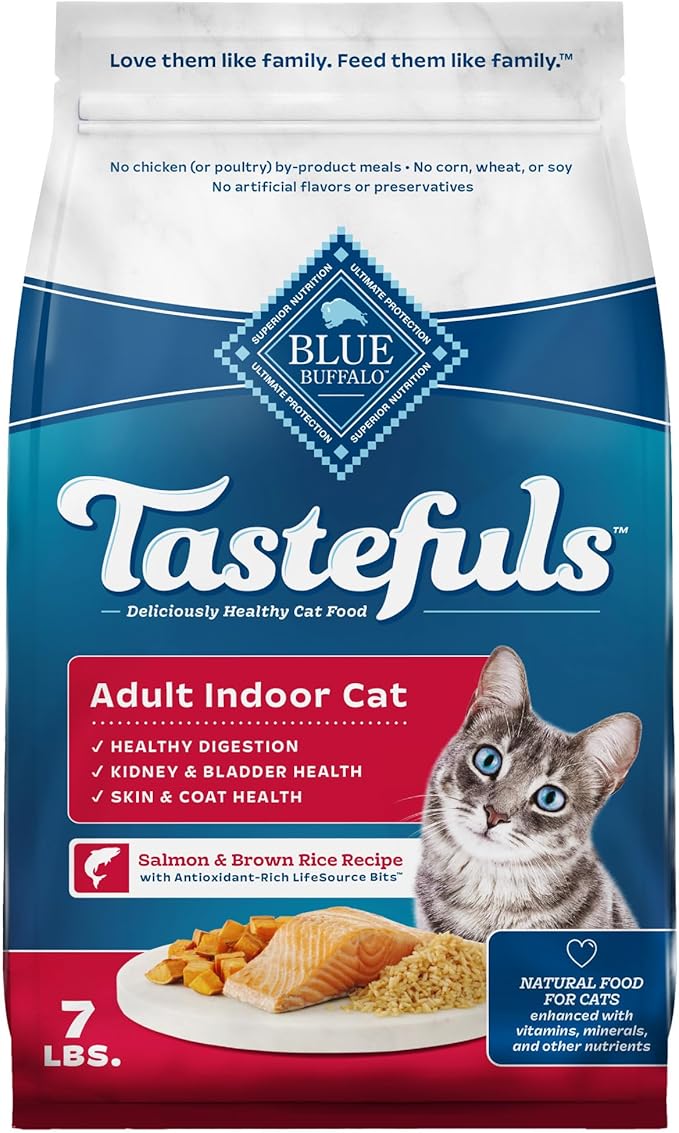 Blue Buffalo Tastefuls Adult Dry Cat Food Indoor Cat Formula, Made in the USA with Natural Ingredients, Salmon Recipe, 7-lb. Bag