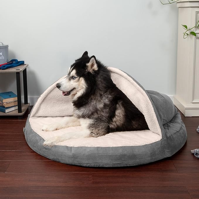 Furhaven 44" Round Memory Foam Dog Bed for Large Dogs w/ Removable Washable Cover, For Dogs Up to 80 lbs - Sherpa & Suede Snuggery - Gray, 44-inch
