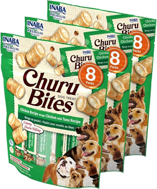 INABA Churu Bites for Dogs, Grain-Free, Soft/Chewy Baked Chicken Wrapped Churu Filled Dog Treats, 0.42 Ounces Each Tube | 24 Tubes Total (8 Tubes per Pack), Chicken with Tuna Recipe