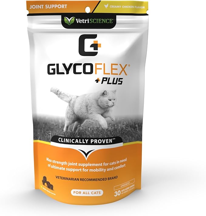 VetriScience GlycoFlex Plus Chondroitin Joint Support Cat Supplements, Creamy Chicken Flavor, 30 Chews - Clinically-Proven Hip and Joint Health Supplement with MSM, DMG and Glucosamine for Cats