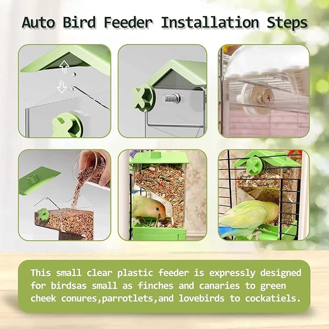 Automatic Bird Cage Feeder No Mess Parakeets Seed Food Container Acrylic Parrot Feeder Cage Accessories Transparent Small and Medium Lovebirds Canary Cockatiel Finch (Green)