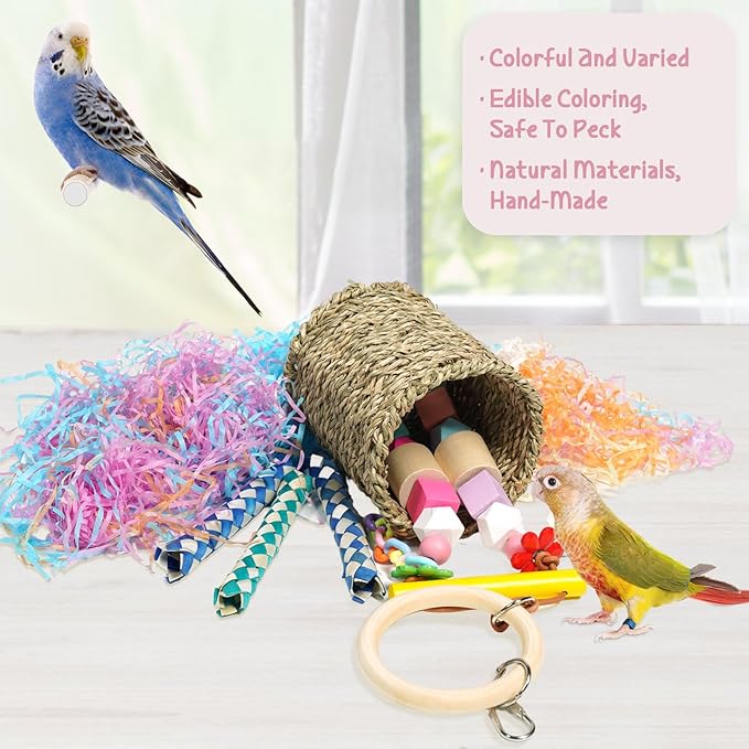 Parrot Toys, Brid Foraging Toy for Medium Parakeet, Conure, Cockatiels, Budgie, Lovebirds, Natural Seagrass Brid Chew Basket