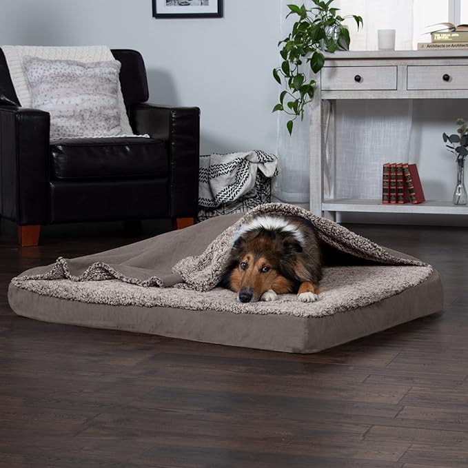 Furhaven Memory Foam Dog Bed for Large Dogs w/ Removable Washable Cover, For Dogs Up to 95 lbs - Berber & Suede Blanket Top Mattress - Gray, Jumbo/XL