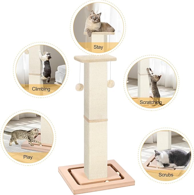 33" Tall Cat Scratching Post, Heavy Duty Cat Scratching Post with Ball Track and Hanging Ball, Scratcher for Indoor Cats and Adult