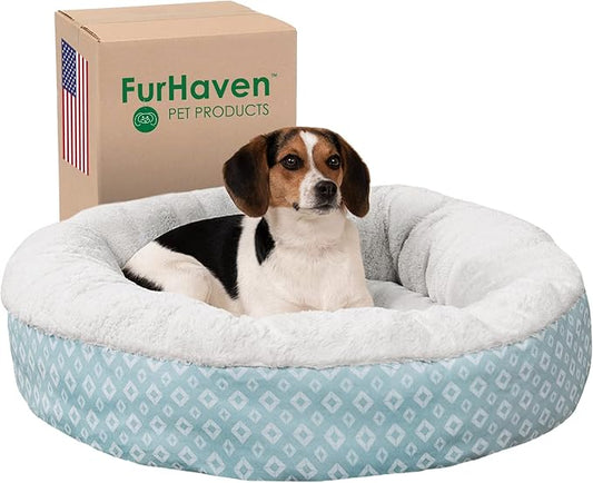 Furhaven 30" Round Donut Dog Bed for Medium/Small Dogs, Refillable w/ Removable Washable Cover, For Dogs Up to 45 lbs - Plush & Diamond Print Donut Bed - Aqua, Medium