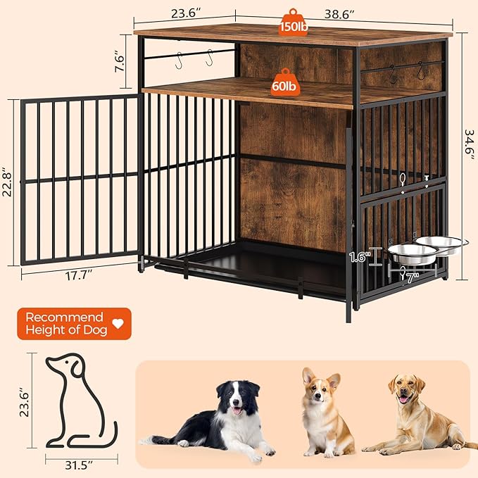 Large Dog Crate Furniture, 38.6" Heavy Duty Dog Kennel with Bowls & Storage Shelf, Wooden Dog Cage End Side Table for Small/Medium/Large Dogs, Chew-Resistant, Rustic Brown DCHR10901