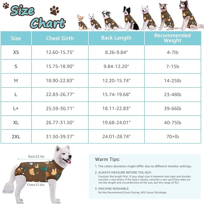 Recovery Suit for Dogs, Dog Surgery Recovery Suit with Zipper Closure Post Spay, Neuter, Abdominal Surgical Suit for Male Female Dogs Can Pee, Prevent Licking Dog Onesies, Brown Bear, Large+