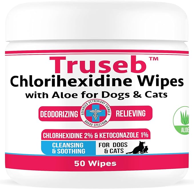 Truseb Topical for Dogs, Cats and Horses - with Aloe for Cleansing (Ketoconazole & Chlorhexidine Wipes, 100 count)