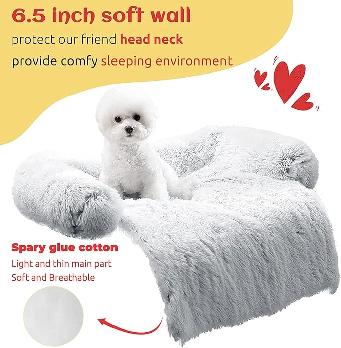 HACHIKITTY Calming Dog Sofa Bed Mat, Washable Plush Couch Cover for Dog, Furniture Protector Pet Sofa Mat for Dogs and Cats, Fluffy Dog Couch Bed with Anti-Slip Bottom (30"x 27"x 6", Gray)