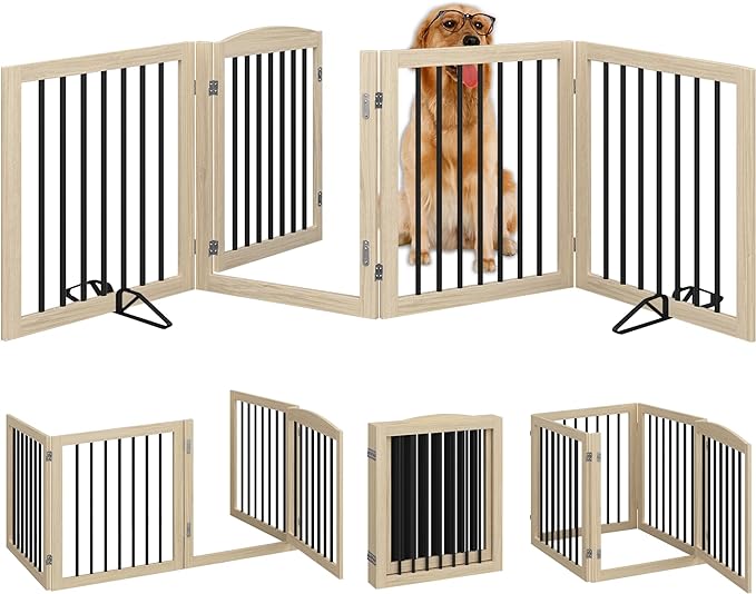 Folding Pet Gate 96" Wide, 30" Tall No-Assembly Wooden Dog Gate with Door Walk Through, Freestanding Pet Gate, Puppy Safety Fence, with 2PCS Support - Natural White