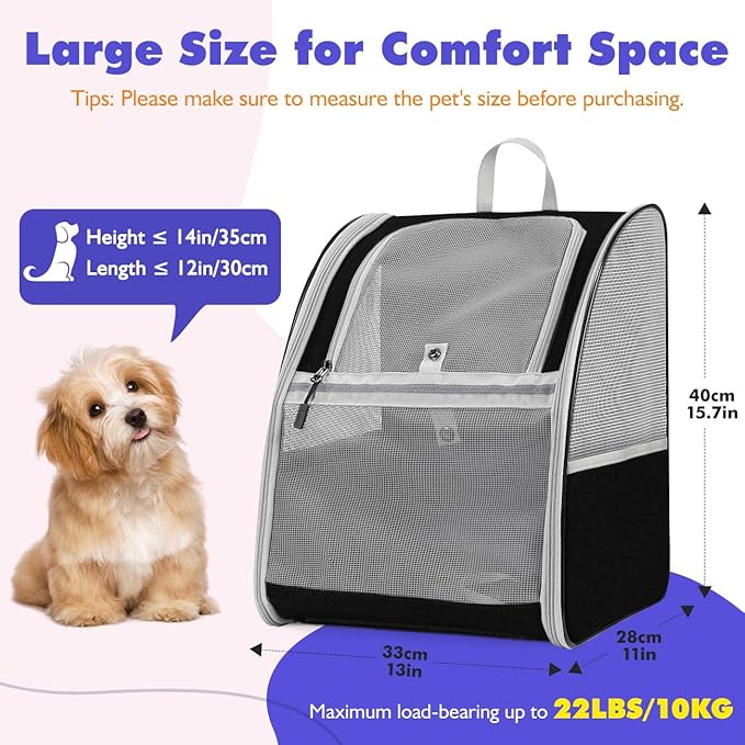 Pawaboo Large Cat Carrier Backpack, Small Dog Carrier Backpack for Small Medium Cats & Puppies, Fully Ventilated Upgraded Steel Frame Bubble Cat Carrier for Hiking Travel Cycling - Black (up to 22lbs)