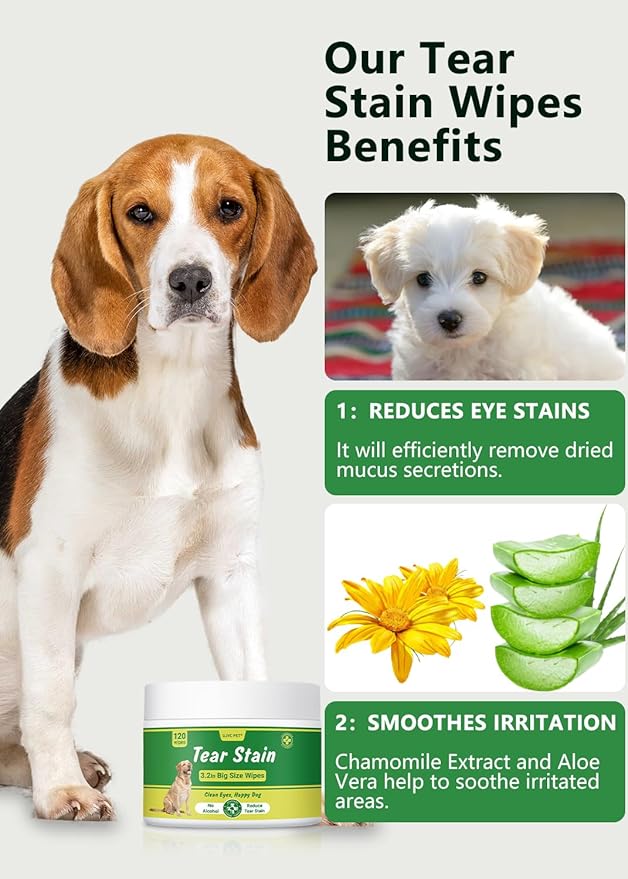 Eyes Wipes for Dogs & Cats - 𝟭𝟮𝟬𝗰𝘁 Gently Remove Tear Stain, Eye Debris, Discharge & Mucus Secretions - aloe vera Pet Cleaning Wash Pads for Eyes, Wrinkle, Face