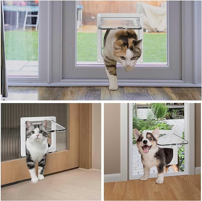 Cat Door for Windows, Pet Doors and Sliding Door, Safety Pet Door with 4 Way Lock, Weatherproof Cat Flap for Thin Door and Wall(Large, 8.3in x 7.7in Flap)