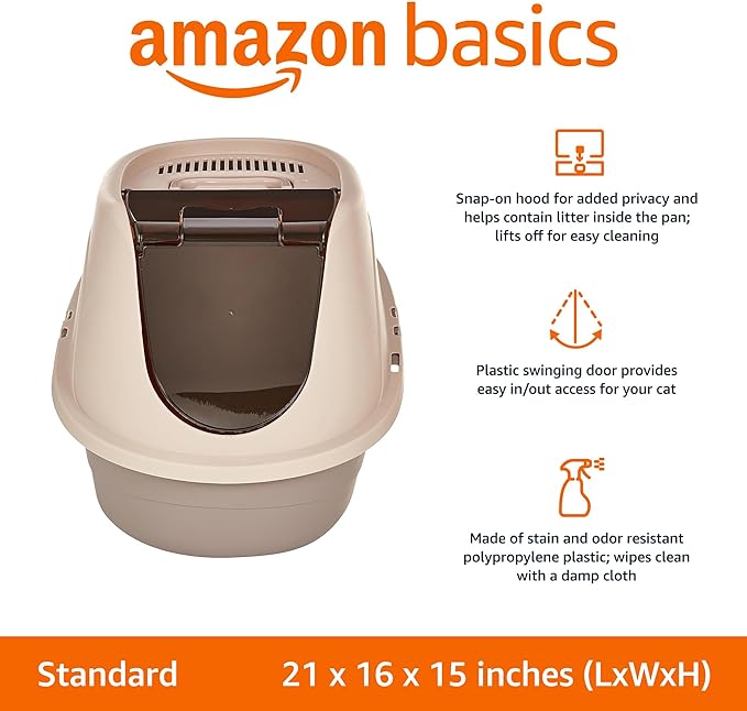 Amazon Basics No-Mess Hooded Cat Litter Box, Standard, Multicolor, 21 in x 16 in x 15 in